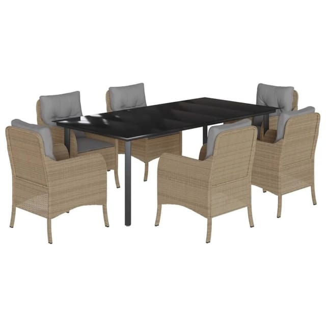 vidaXL 7-Tlg Garten-Essgruppe mit Kissen Beige Poly Rattan 3211988