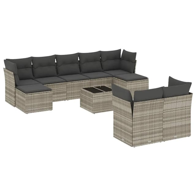 vidaXL 10-Tlg Garten-Sofagarnitur mit Kissen Hellgrau Poly Rattan 3218322