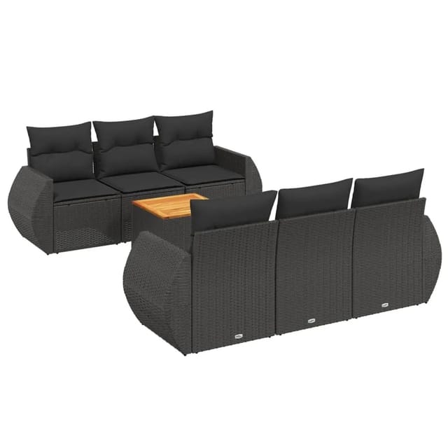 vidaXL 7-Tlg Garten-Sofagarnitur mit Kissen Schwarz Poly Rattan 3224893