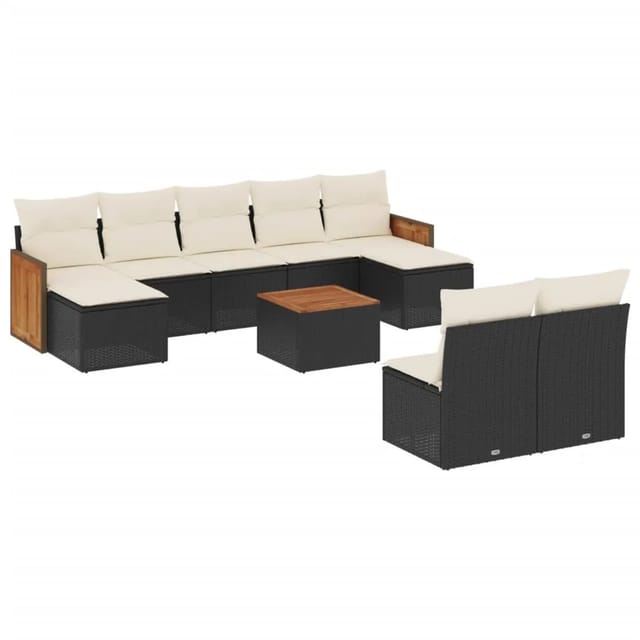 vidaXL 10-Tlg Garten-Sofagarnitur mit Kissen Schwarz Poly Rattan 3228058