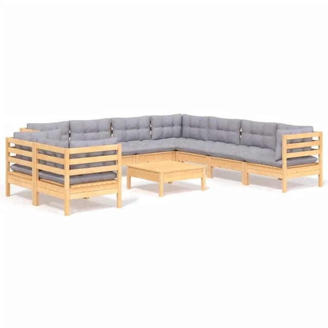 vidaXL 10-Tlg Garten-Lounge-Set mit Grauen Kissen Massivholz Kiefer 3096904