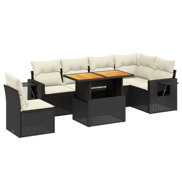 vidaXL 7-Tlg Garten-Sofagarnitur mit Kissen Schwarz Poly Rattan 3271777