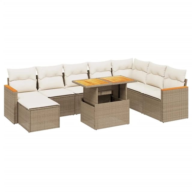 vidaXL 9-Tlg Garten-Sofagarnitur mit Kissen Beige Poly Rattan 3273214