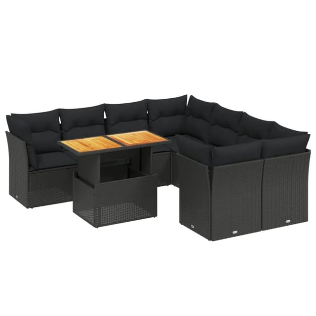vidaXL 9-Tlg Garten-Sofagarnitur mit Kissen Schwarz Poly Rattan 3270719