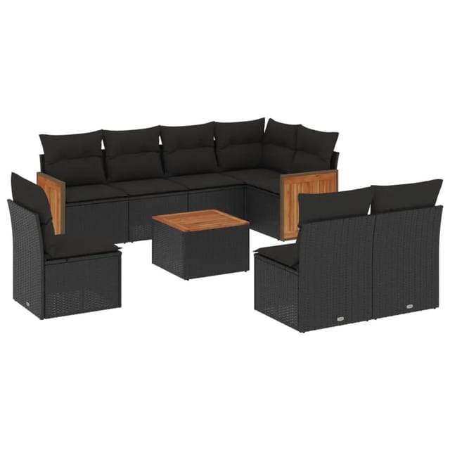 vidaXL 9-Tlg Garten-Sofagarnitur mit Kissen Schwarz Poly Rattan 3227728