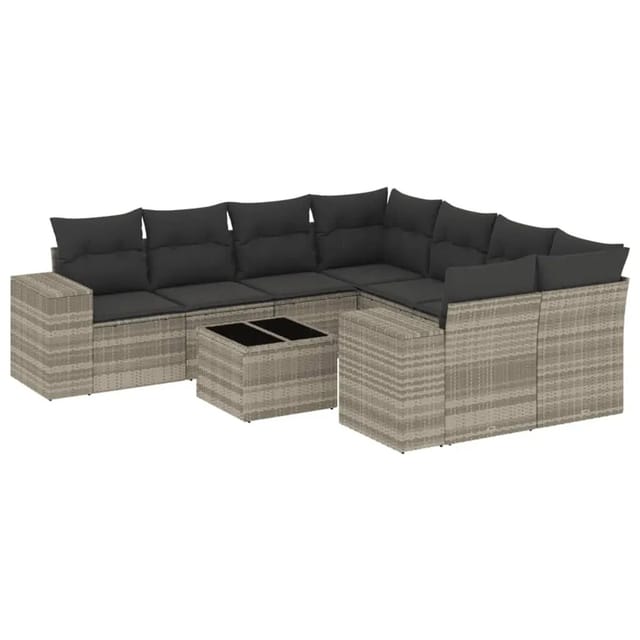 vidaXL 9-Tlg Garten-Sofagarnitur mit Kissen Hellgrau Poly Rattan 3254699