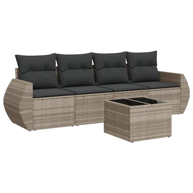 vidaXL 5-Tlg Garten-Sofagarnitur mit Kissen Hellgrau Poly Rattan 3253429