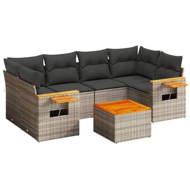 vidaXL 7-Tlg Garten-Sofagarnitur mit Kissen Grau Poly Rattan 3259043