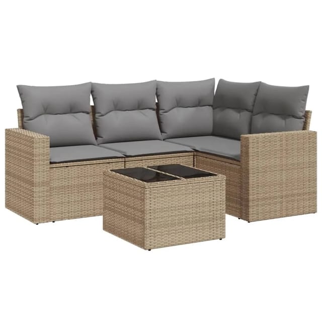 vidaXL 5-Tlg Garten-Sofagarnitur mit Kissen Beige Poly Rattan 3218909