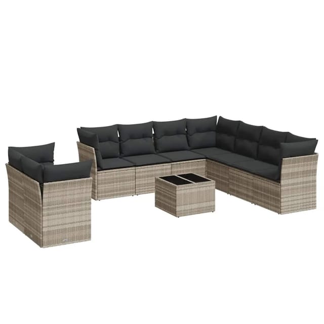 vidaXL 10-Tlg Garten-Sofagarnitur mit Kissen Hellgrau Poly Rattan 3217852
