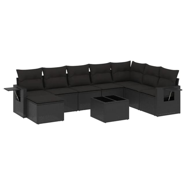 vidaXL 9-Tlg Garten-Sofagarnitur mit Kissen Schwarz Poly Rattan 3252902