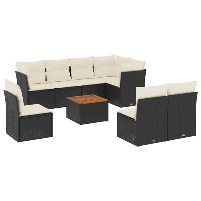 vidaXL 9-Tlg Garten-Sofagarnitur mit Kissen Schwarz Poly Rattan 3256014