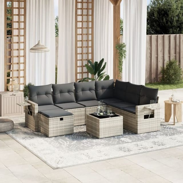 vidaXL 8-Tlg Garten-Sofagarnitur mit Kissen Hellgrau Poly Rattan 3263848