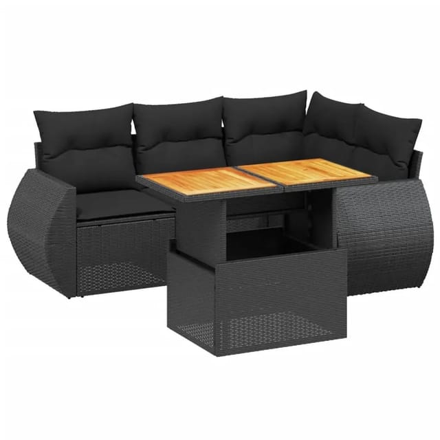 vidaXL 5-Tlg Garten-Sofagarnitur mit Kissen Schwarz Poly Rattan 3272175