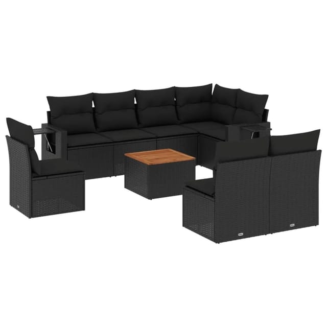 vidaXL 9-Tlg Garten-Sofagarnitur mit Kissen Schwarz Poly Rattan 3256930