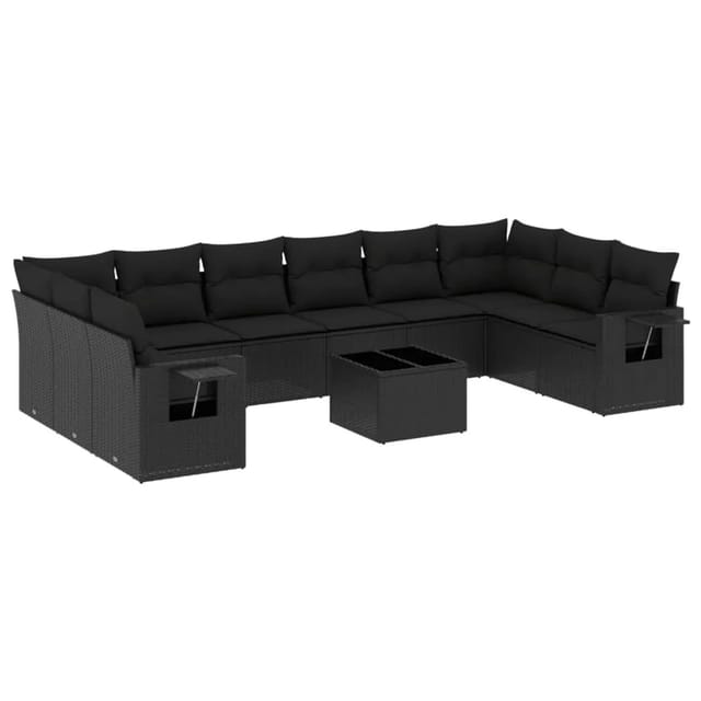 vidaXL 11-Tlg Garten-Sofagarnitur mit Kissen Schwarz Poly Rattan 3220674