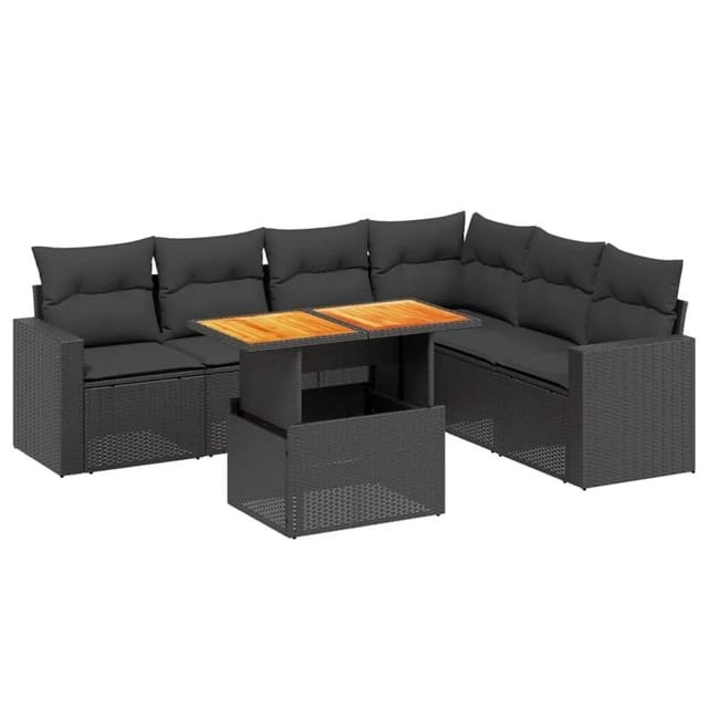 vidaXL 7-Tlg Garten-Sofagarnitur mit Kissen Schwarz Poly Rattan 3271328