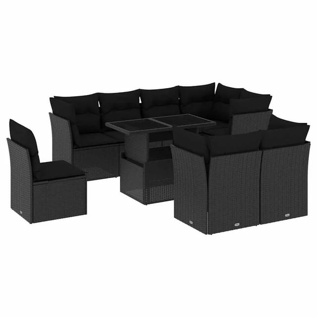 vidaXL 9-Tlg Garten-Sofagarnitur mit Kissen Schwarz Poly Rattan 3266725