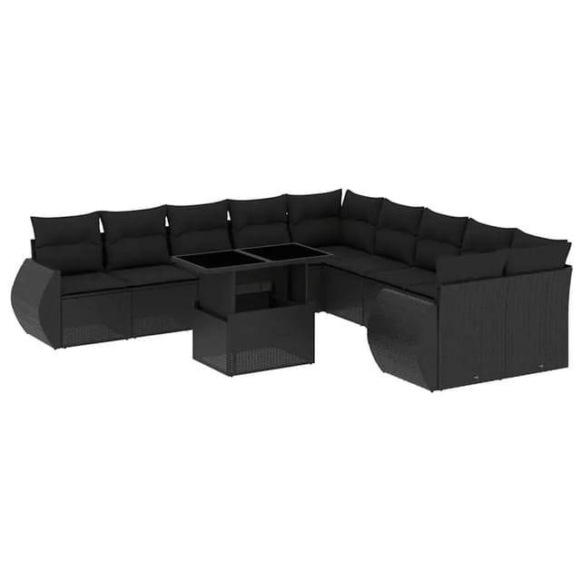 vidaXL 11-Tlg Garten-Sofagarnitur mit Kissen Schwarz Poly Rattan 3268795