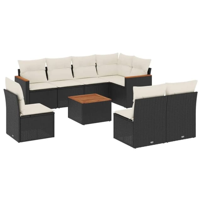 vidaXL 9-Tlg Garten-Sofagarnitur mit Kissen Schwarz Poly Rattan 3226049