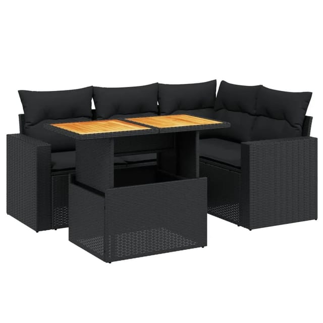 vidaXL 5-Tlg Garten-Sofagarnitur mit Kissen Schwarz Poly Rattan 3271293