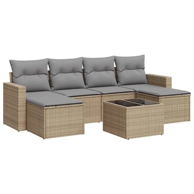 vidaXL 7-Tlg Garten-Sofagarnitur mit Kissen Beige Poly Rattan 3219319