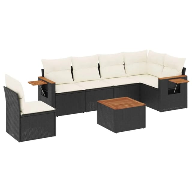vidaXL 7-Tlg Garten-Sofagarnitur mit Kissen Schwarz Poly Rattan 3259263