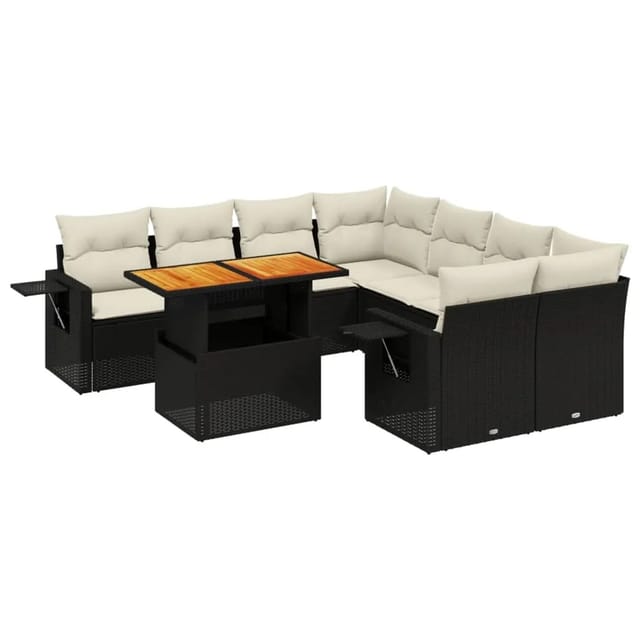 vidaXL 9-Tlg Garten-Sofagarnitur mit Kissen Schwarz Poly Rattan 3271679