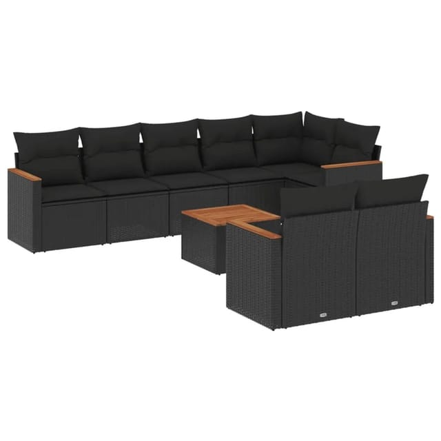 vidaXL 9-Tlg Garten-Sofagarnitur mit Kissen Schwarz Poly Rattan 3226153