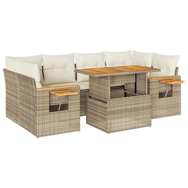 vidaXL 7-Tlg Garten-Sofagarnitur mit Kissen Beige Poly Rattan Akazie 3327565