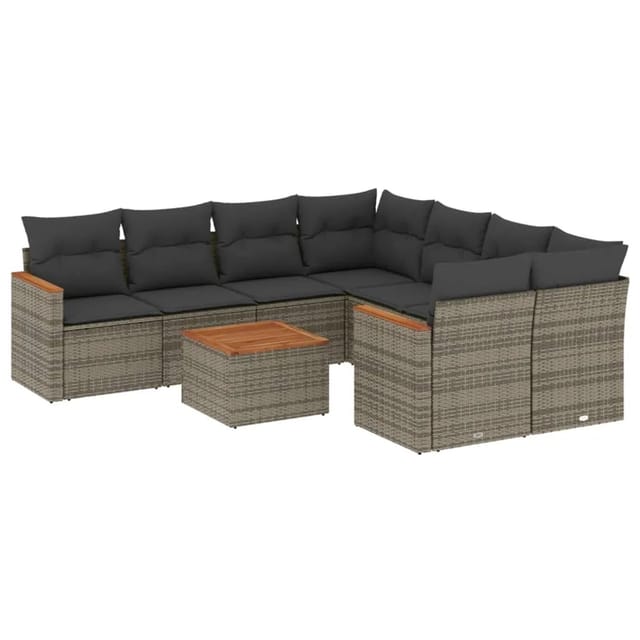vidaXL 9-Tlg Garten-Sofagarnitur mit Kissen Grau Poly Rattan 3225829