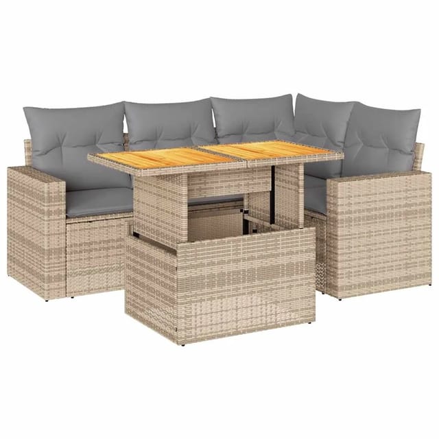 vidaXL 5-Tlg Garten-Sofagarnitur mit Kissen Beige Poly Rattan 3327034
