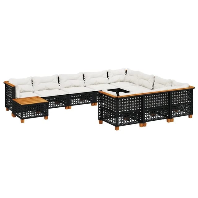 vidaXL 11-Tlg Garten-Sofagarnitur mit Kissen Schwarz Poly Rattan 3262058