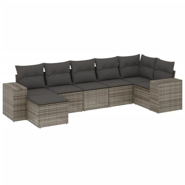 vidaXL 7-Tlg Garten-Sofagarnitur mit Kissen Grau Poly Rattan 3222879