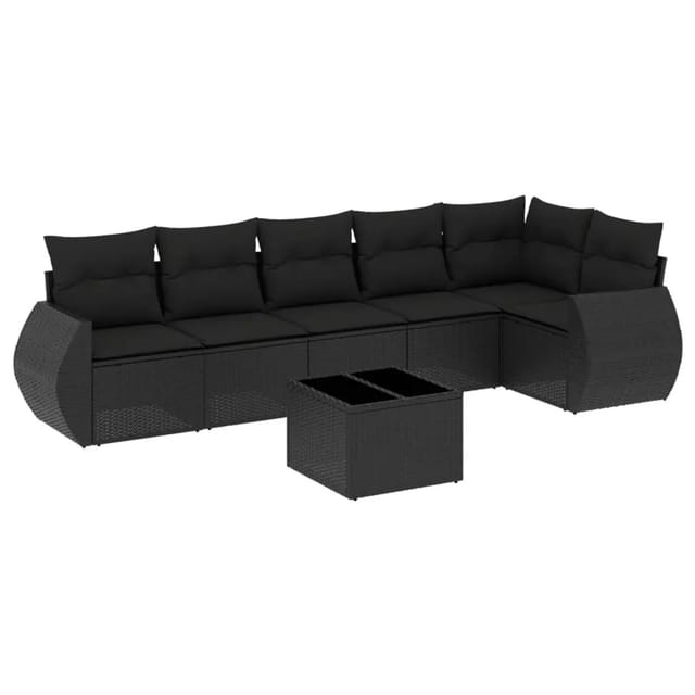 vidaXL 7-Tlg Garten-Sofagarnitur mit Kissen Schwarz Poly Rattan 3221394
