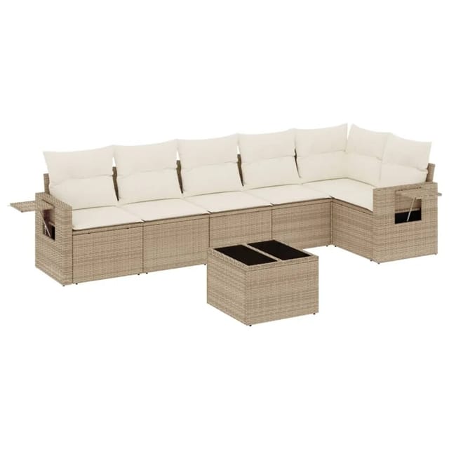 vidaXL 7-Tlg Garten-Sofagarnitur mit Kissen Beige Poly Rattan 3252535