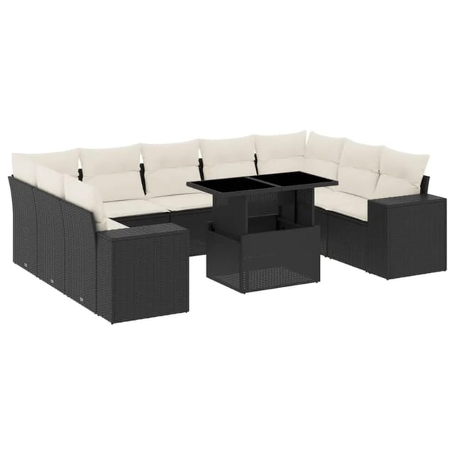 vidaXL 10-Tlg Garten-Sofagarnitur mit Kissen Schwarz Poly Rattan 3269366