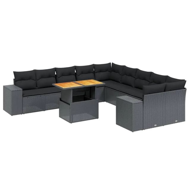 vidaXL 11-Tlg Garten-Sofagarnitur mit Kissen Schwarz Poly Rattan 3272826