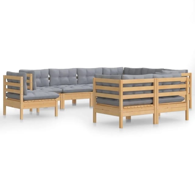 vidaXL 9-Tlg Garten-Lounge-Set mit Grauen Kissen Kiefer Massivholz 3096766