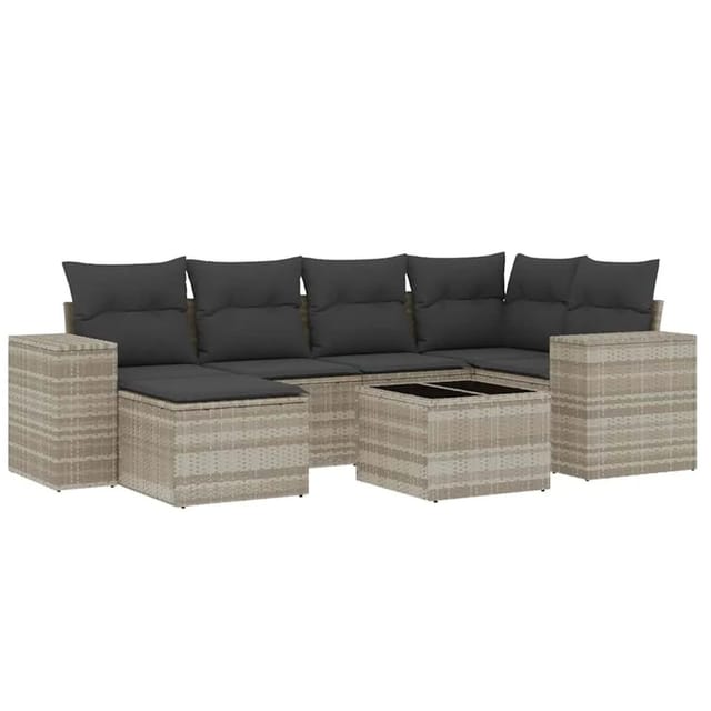 vidaXL 7-Tlg Garten-Sofagarnitur mit Kissen Hellgrau Poly Rattan 3255209