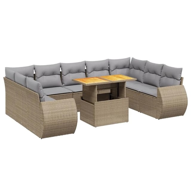 vidaXL 10-Tlg Garten-Sofagarnitur mit Kissen Beige Poly Rattan 3272340