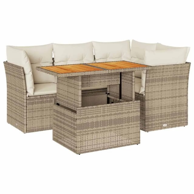 vidaXL 5-Tlg Garten-Sofagarnitur mit Kissen Beige Poly Rattan 3326921