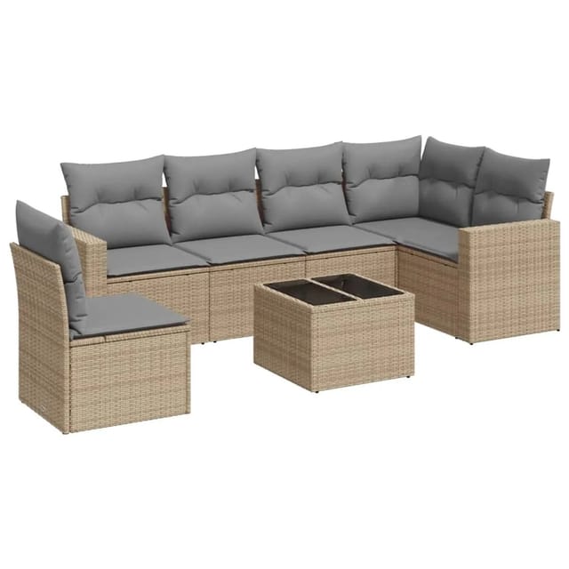 vidaXL 7-Tlg Garten-Sofagarnitur mit Kissen Beige Poly Rattan 3219029