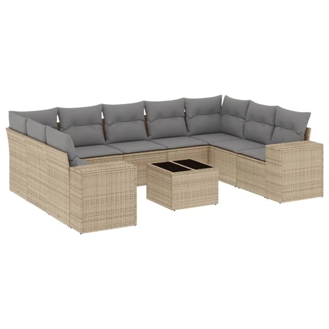 vidaXL 10-Tlg Garten-Sofagarnitur mit Kissen Beige Poly Rattan 3223008
