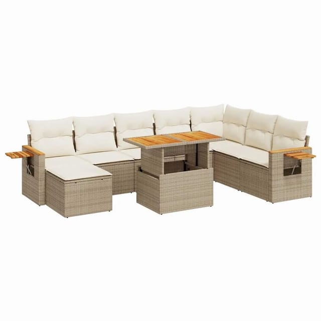 vidaXL 9-Tlg Garten-Sofagarnitur mit Kissen Beige Poly Rattan Akazie 3327635