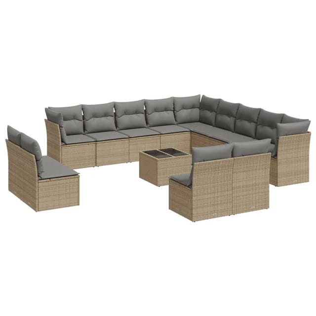 vidaXL 14-Tlg Garten-Sofagarnitur mit Kissen Beige Poly Rattan 3250338