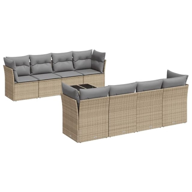 vidaXL 9-Tlg Garten-Sofagarnitur mit Kissen Beige Poly Rattan 3217309