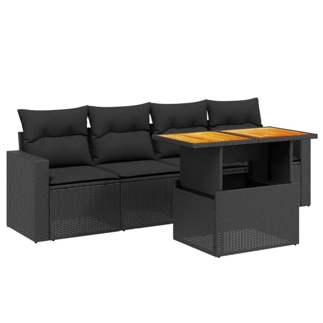 vidaXL 5-Tlg Garten-Sofagarnitur mit Kissen Schwarz Poly Rattan 3271188