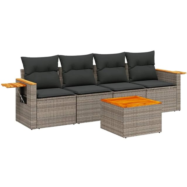 vidaXL 5-Tlg Garten-Sofagarnitur mit Kissen Grau Poly Rattan 3226620
