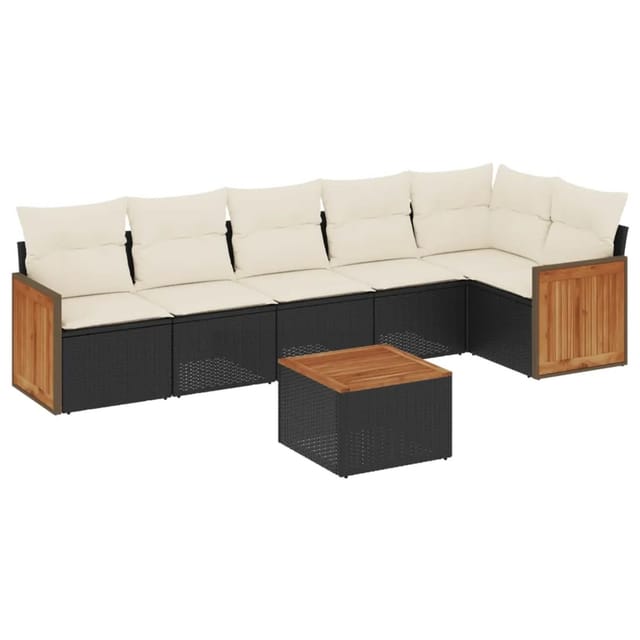vidaXL 7-Tlg Garten-Sofagarnitur mit Kissen Schwarz Poly Rattan 3260075